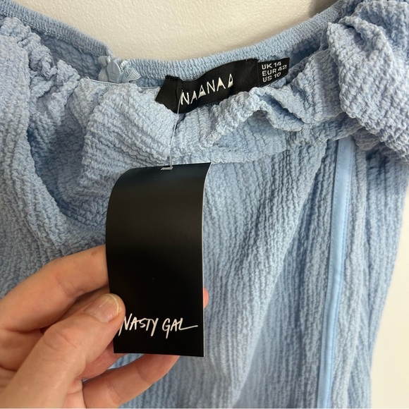 NWT Nasty Gal Naanaa Ruched Fabric Bardot Mini Dress Blue Off-Shoulder Size 10 - Picture 3 of 8